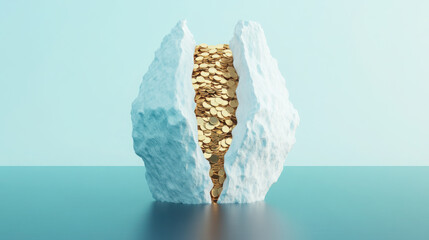 iceberg split in two reveals hidden gold coins, symbolizing hidden costs of climate inaction. This striking image highlights urgent need for environmental awareness