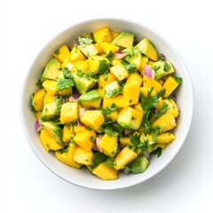 A fresh mango and avocado salsa, isolated white background, minimalist art style