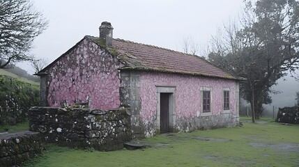 Obraz premium Pink Stone Cottage in Rural Landscape, Misty Day