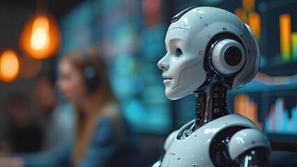 Fototapeta premium 3d rendering humanoid robot working in a modern office, artificial intelligence concept. Generated by AI