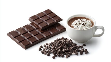 A set of gourmet chocolate bars and a cup of hot cocoa on a white isolated background