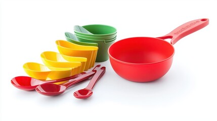 A set of kitchen measuring cups and spoons on a white isolated background