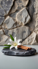 Peaceful Spa Commercial Banner Featuring Cinnamon Roll Vanilla Flower and Grey Marble for a Tranquil Relaxing Atmosphere Beauty Poster Mockup