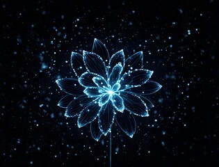 Blue flower with shiny particles on dark background.. Flor azul com particulas brilhantes em fundo escuro.