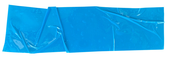 Crumpled torn pieces of blue packing tape, adhesive sealing tape, sticky torn plastic on transparent background
