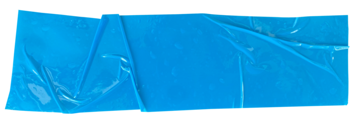Crumpled torn pieces of blue packing tape, adhesive sealing tape, sticky torn plastic on transparent background