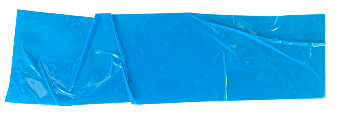 Crumpled torn pieces of blue packing tape, adhesive sealing tape, sticky torn plastic on transparent background