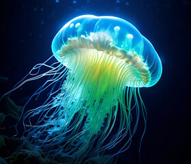 A glowing bioluminescent blob resembling a deep-sea creature, with soft, translucent skin and tentacle-like extensions. The blob glows in shades of blue and green, illuminating the dark, underwater 