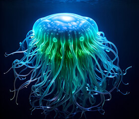 A glowing bioluminescent blob resembling a deep-sea creature, with soft, translucent skin and tentacle-like extensions. The blob glows in shades of blue and green, illuminating the dark, underwater 
