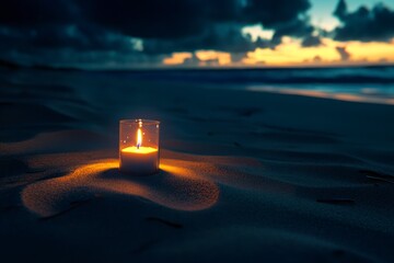 A lit candle in the sand, casting shadows and creating an atmosphere of tranquility on a beach at night. The flickering flame adds to its peaceful ambiance,