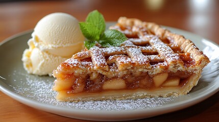 Slice of apple pie with vanilla ice cream and caramel sauce on plate.
