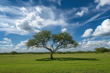 Fototapeta premium Solitary Tree in a Lush, Sunny Meadow