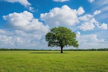 Obraz premium Solitary Tree in a Vast Green Meadow Under a Cloudy Sky