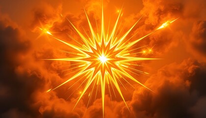 A bursting star of energy, radiating sharp beams of glowing light in fiery shades of orange and yellow, surrounded by swirling clouds of dark ash and subtle hints of violet