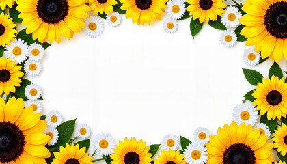 Cheerful sunflower and daisy frame with vibrant colors, bright and welcoming, with copy space