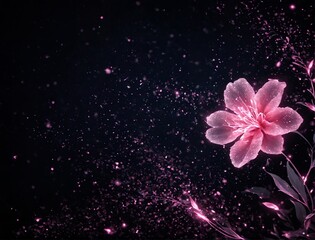 Pink flower with glowing particles on dark background. Flor rosa com partículas brilhantes em fundo escuro