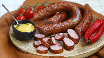 Homemade sausages with mustard on a wooden board.