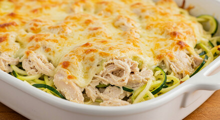 Keto Chicken Alfredo Casserole A creamy casserole with shredded chicken, zucchini noodles, and a rich Alfredo sauce