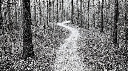 Fototapeta premium Winding forest path, nature trail, trees, leaves, monochrome photography, peaceful scene, travel background
