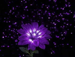 Flor roxa com particulas brilhantes em fundo escuro. Purple flower with shiny particles on dark background.
