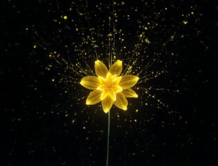 Yellow flower with glowing particles on dark background. Flor amarela com partículas brilhantes em fundo escuro.