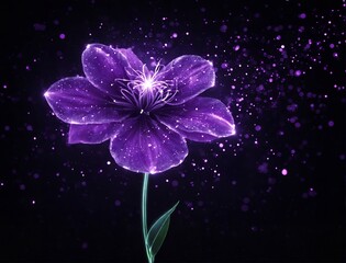Flor roxa com particulas brilhantes em fundo escuro. Purple flower with shiny particles on dark background.