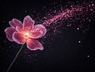 Pink flower with glowing particles on dark background. Flor rosa com partículas brilhantes em fundo escuro