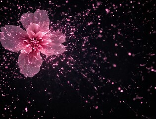 Pink flower with glowing particles on dark background. Flor rosa com partículas brilhantes em fundo escuro