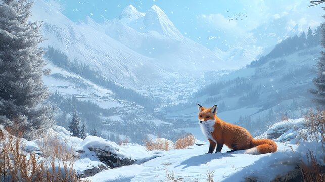 A majestic red fox sits gracefully on a snowy meadow, surrounded by tall grass and snow-covered mountains in the distance. The serene winter landscape exudes calm and beauty. - Powered by Adobe