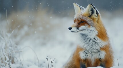 Obraz premium A majestic red fox sits peacefully in a snow-covered landscape, showcasing its vibrant fur and keen expression