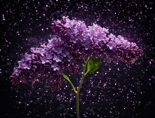 Flor roxa com particulas brilhantes em fundo escuro. Purple flower with shiny particles on dark background.