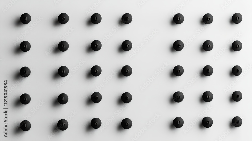 Poster abstract arrangement of black circular objects on a white surface creating a minimalist design