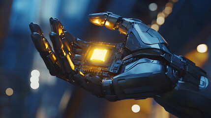 Robotic Hand Holding an Illuminated Microchip