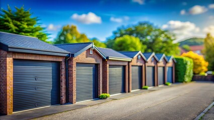 Miniature Black Rolling Garage Doors in Suburban Setting - Tilt-Shift Photography