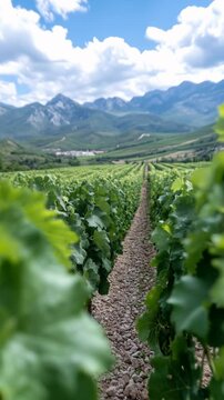 Vibrant vineyard rows with lush greenery and a scenic mountain backdrop under a sunny sky