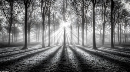 Sunbeams through Foggy Forest