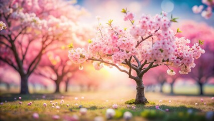 Fototapeta premium Miniature Cherry Blossom Spring Background with Blank Space for Text or Logo - Tilt-Shift Photography