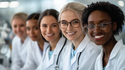 Fototapeta premium A group of diverse women in white lab coats smiling, representing various roles in science and motherhood, with bright natural lighting