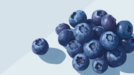 A close up of blueberries on a white background. The blueberries are arranged in a pile, with some of them overlapping each other. Concept of abundance and freshness, as the blueberries are ripe