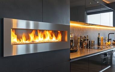 A contemporary wall-mounted bio fireplace in a silver metal frame, set in a modern kitchen with sleek cabinetry