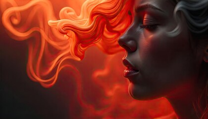 Fototapeta premium Expressive Portrait Capturing Introspective Emotion with Flowing Abstract Vibrant Essence Illuminates Inner Serenity and Depth