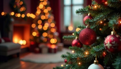 A red and white Christmas tree decorated with ornaments and lights, merry moments, evergreen branches