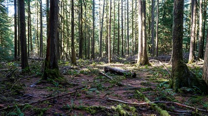 Obraz premium Sunlit Forest Floor with Mossy Ground and Tall Trees