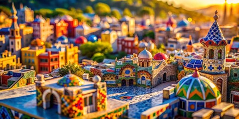 Miniature Colorful Mosaic Cityscape, Tilt-Shift Photography