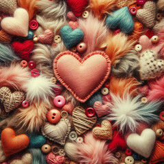 Brightly colored fur and wool hearts, Valentine's Day, banner with space for copywriting.