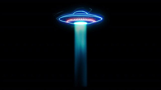Neon glowing ufo sauser with light beam. Animation in stroke line hand drawn doodle scribble style on a transparent background	