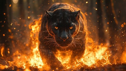 Fierce black panther prowling through fiery forest scene