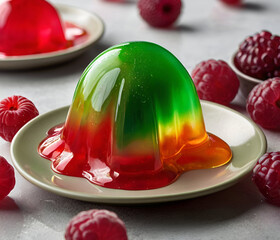 A 3D blob that looks like a wobbly fruit jelly, with a translucent, shiny surface and vibrant color like cherry red or lime green. The blob is set on a plate with a spoon nearby, surrounded by dessert