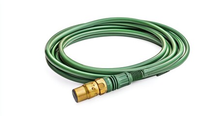 A garden hose with spray nozzle on a white isolated background