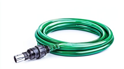 A garden hose with spray nozzle on a white isolated background